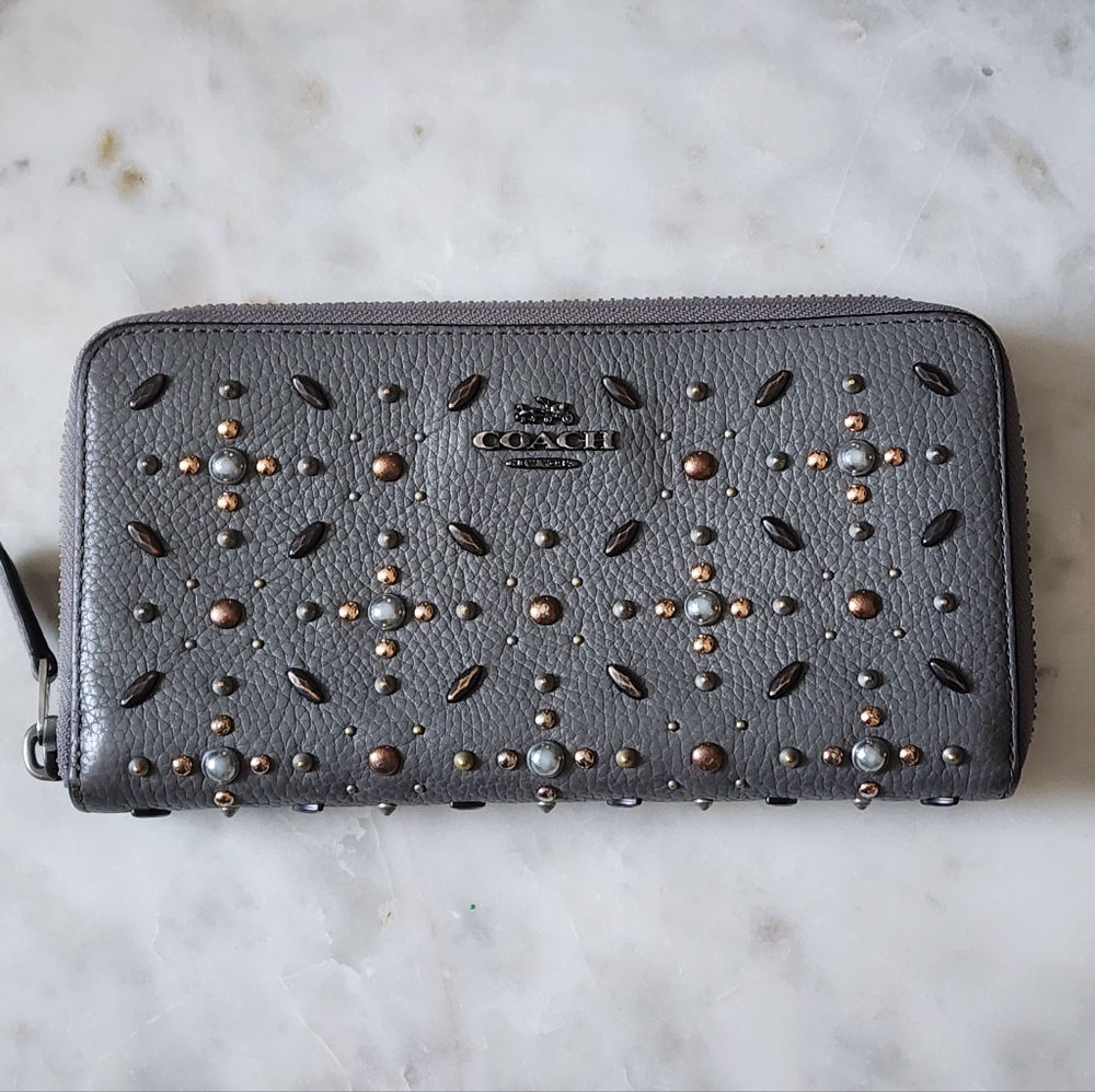 Coach Gray Studded Zip Around Wallet with Mixed Metal Accents